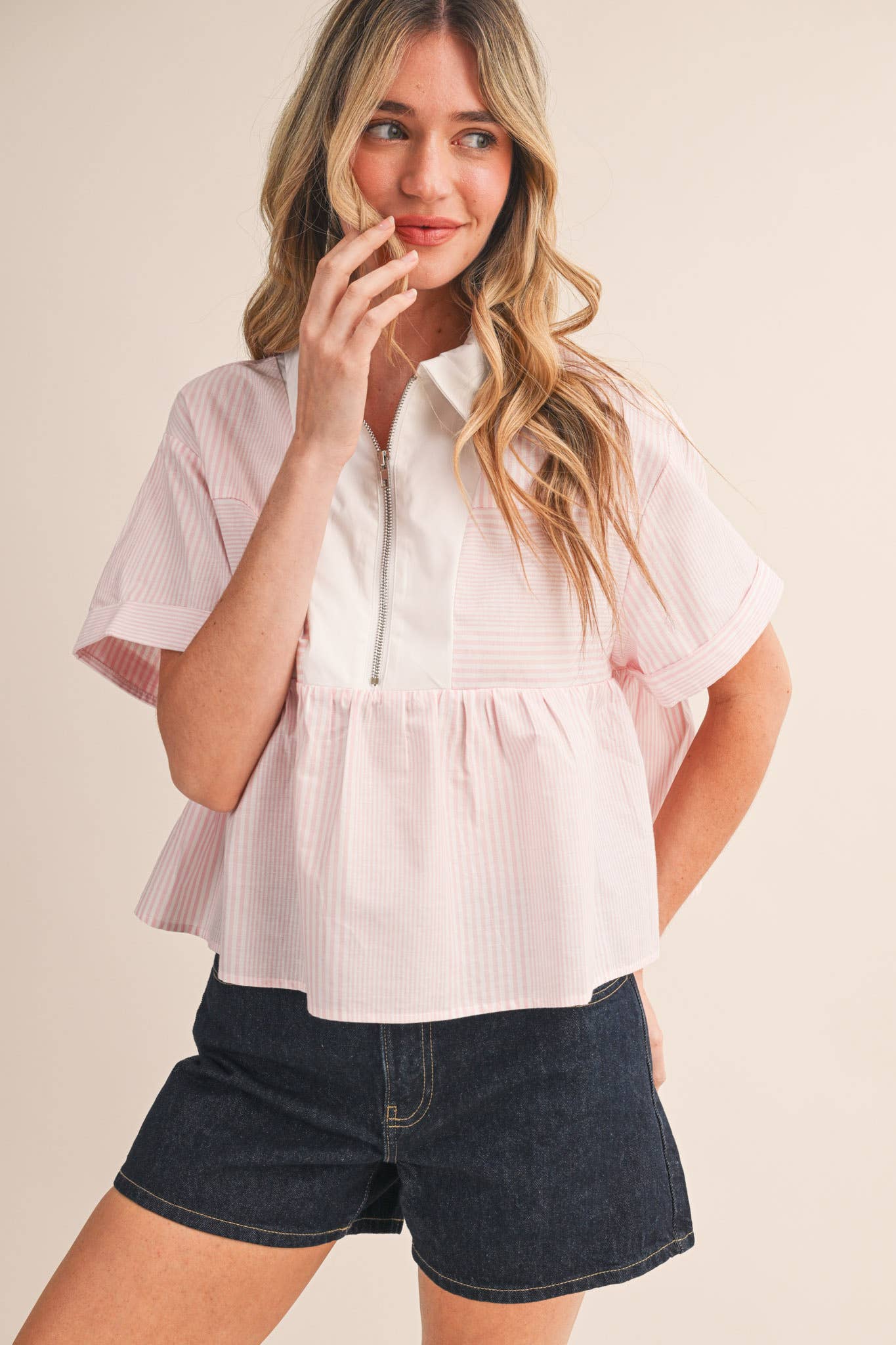 STRIPED HALF ZIP BABYDOLL TOP