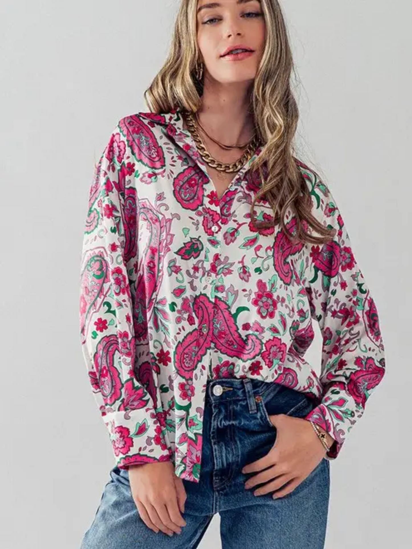 Pink Paisley Print Button Down Shirt