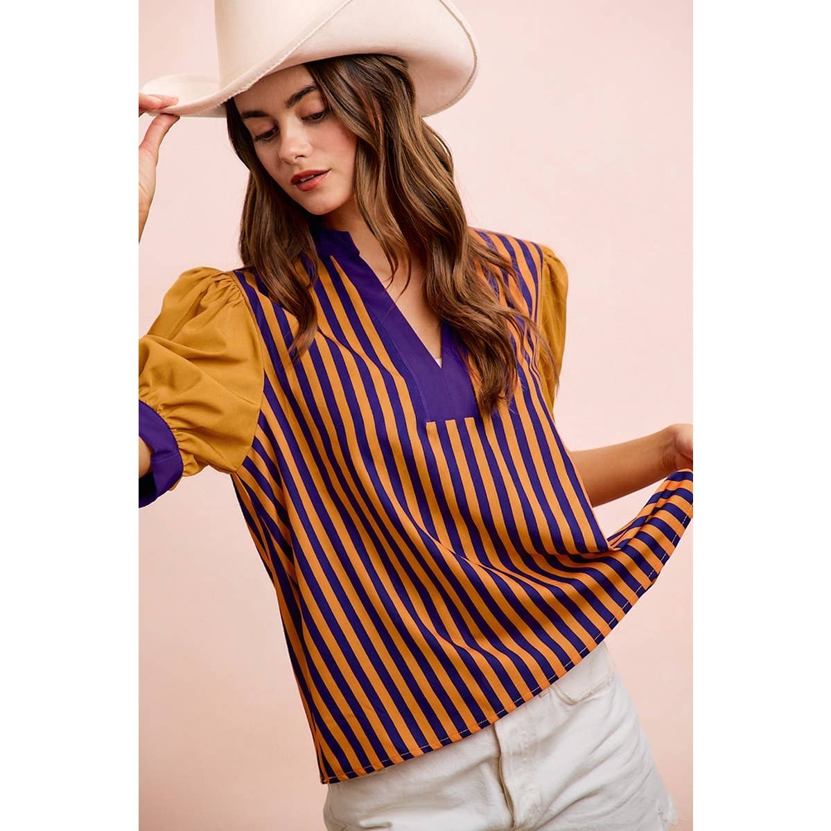 GAMEDAY THEME STRIPED WOVEN BLOUSE TOP
