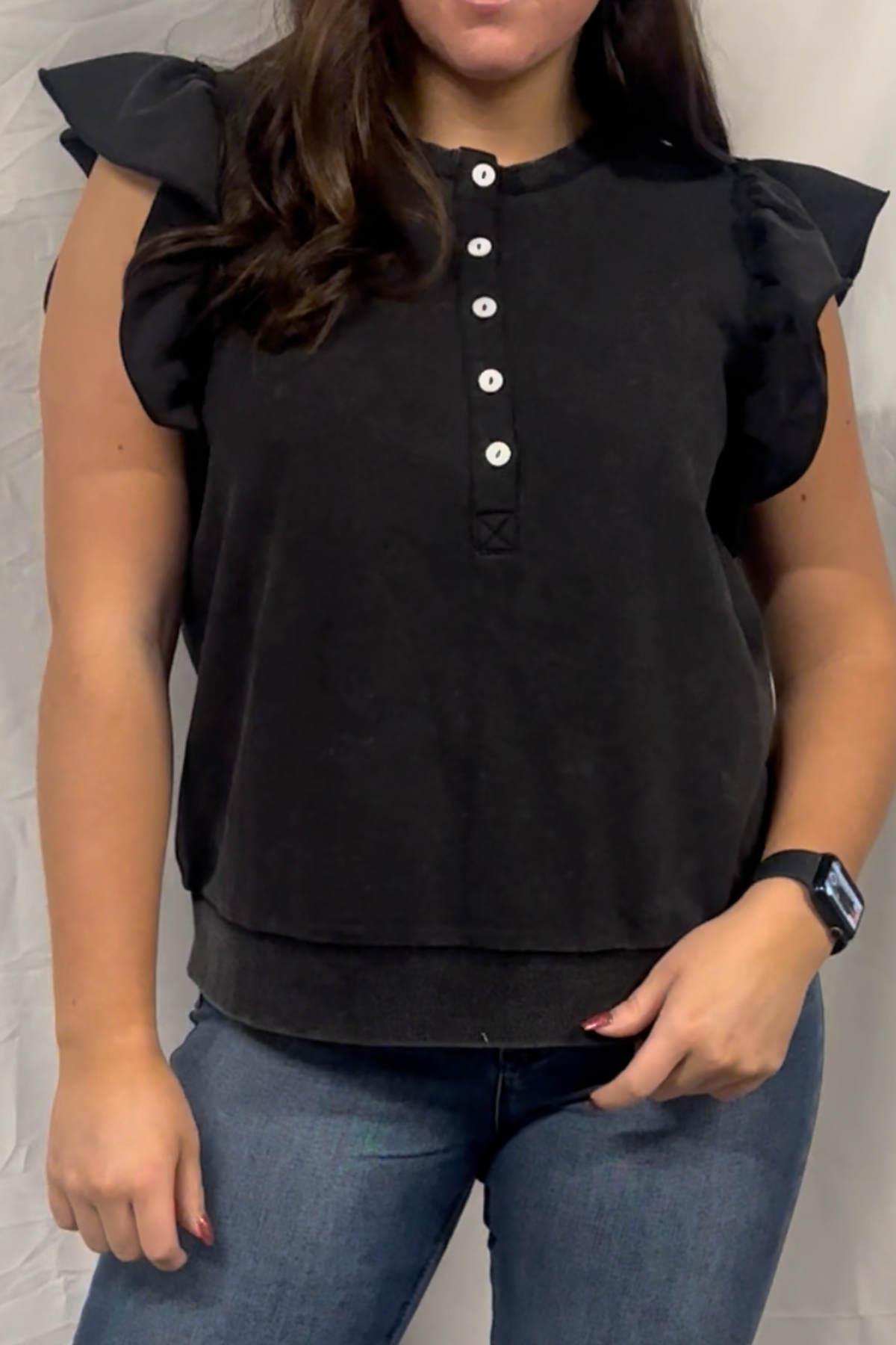 Raw Cut Edge Flutter Sleeve Washed Top