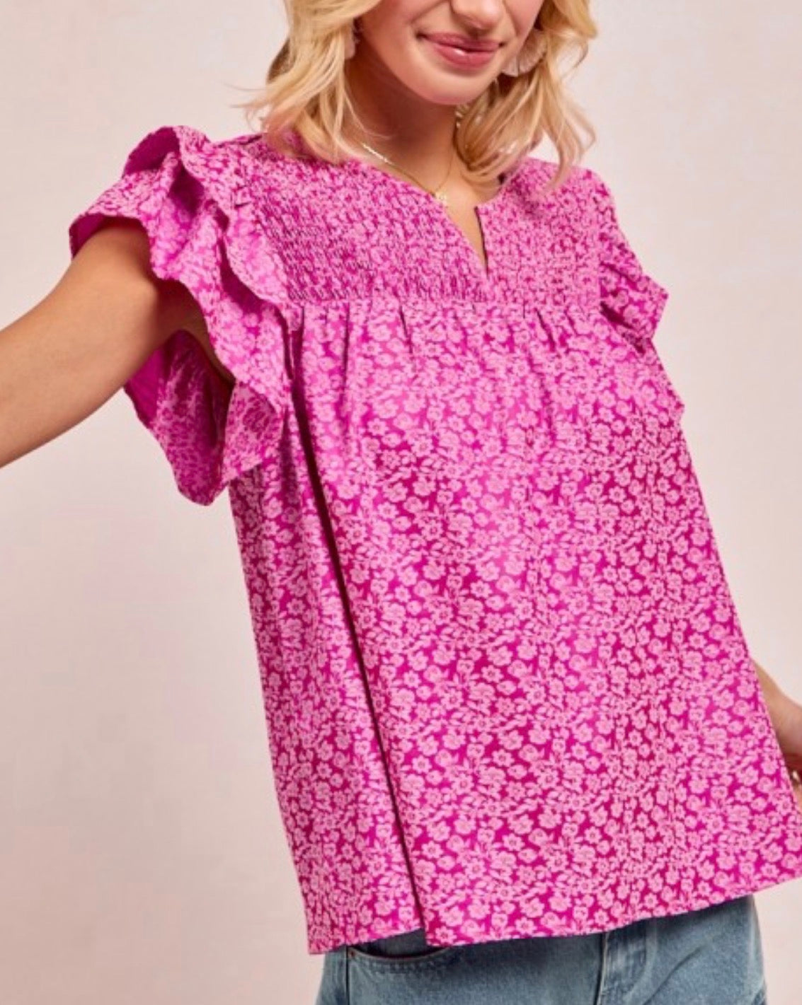 Floral damask smoked ruffled blouses