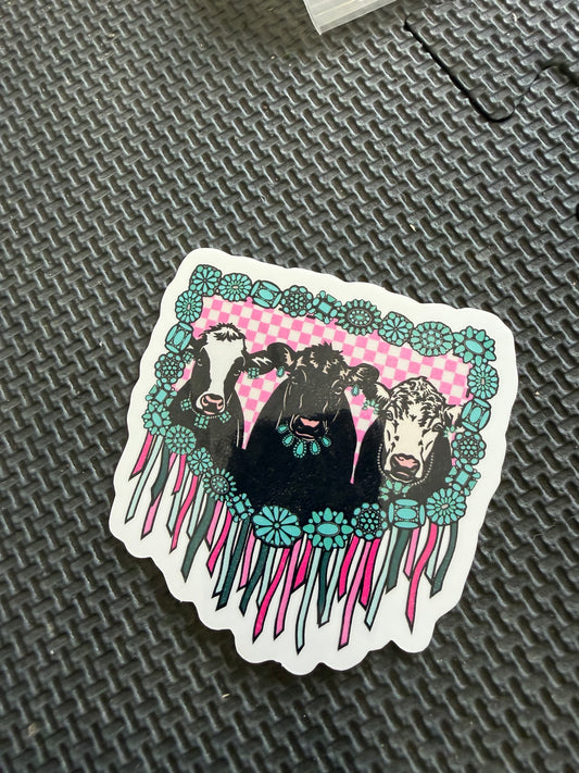 turquoise framed cow - livestock die cut sticker