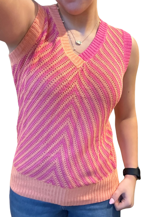 Strawberry Pink Contrast Chevron Knit V Neck Sweater Vest