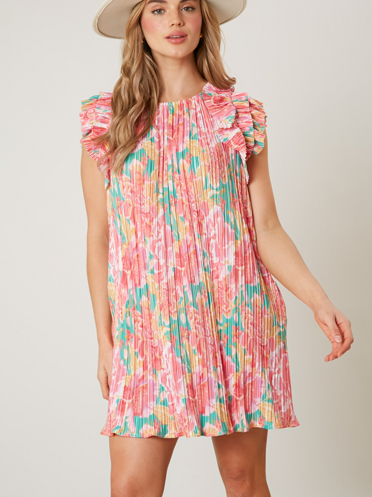 Floral Pleated Satin Mini Dress