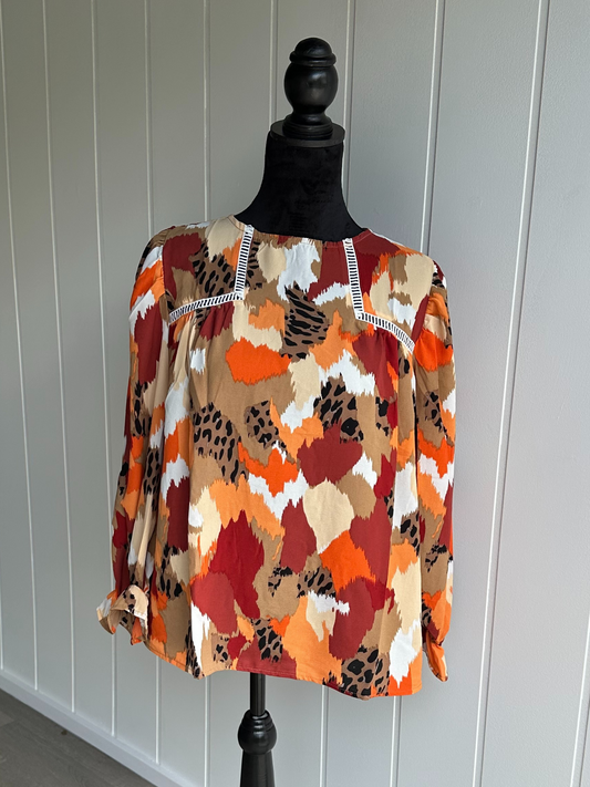 Multicolor Abstract Print Boho Frill Long Sleeve Blouse