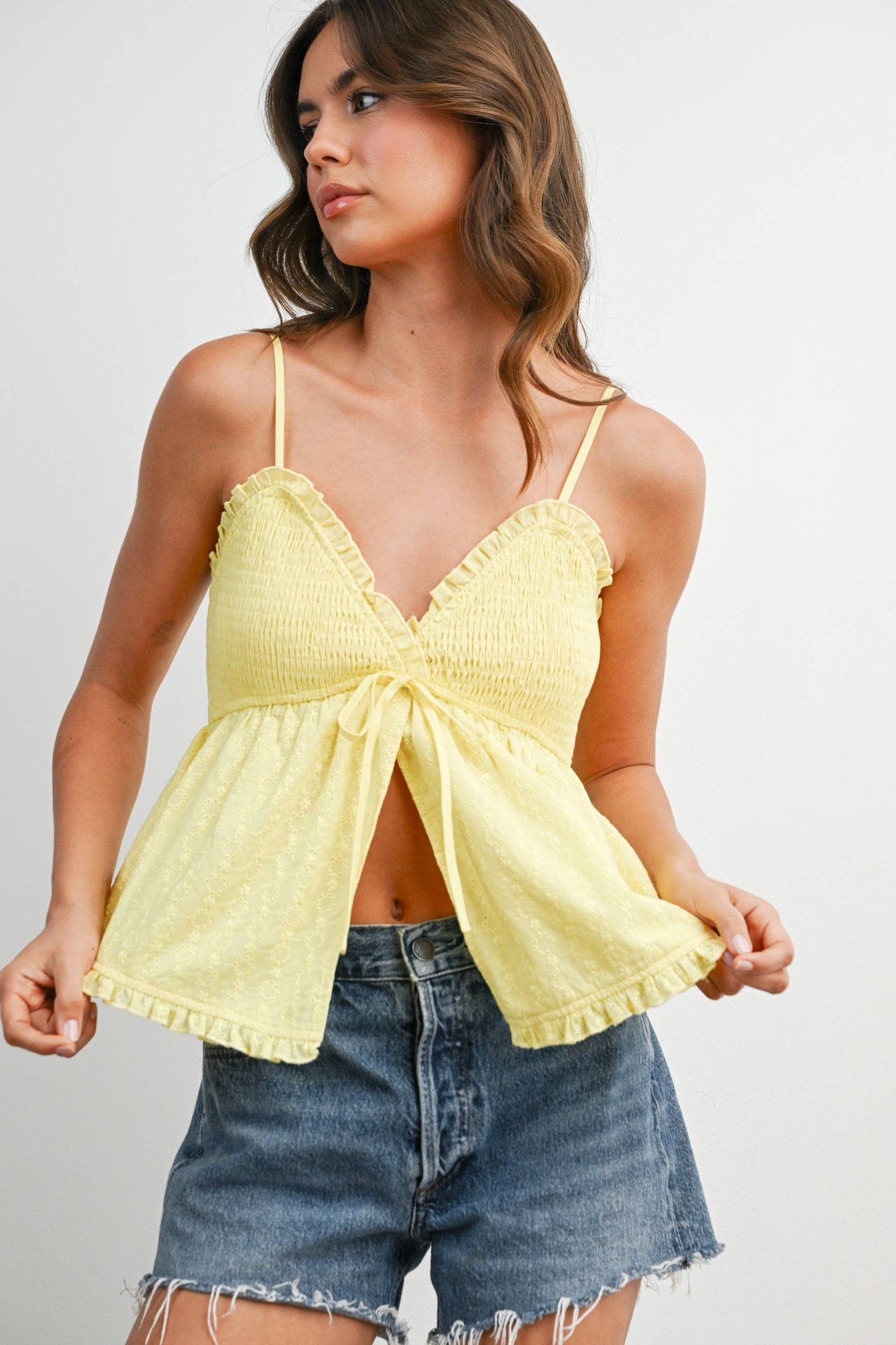 Eyelet Smocked Tie-Front Cami - BMT8406