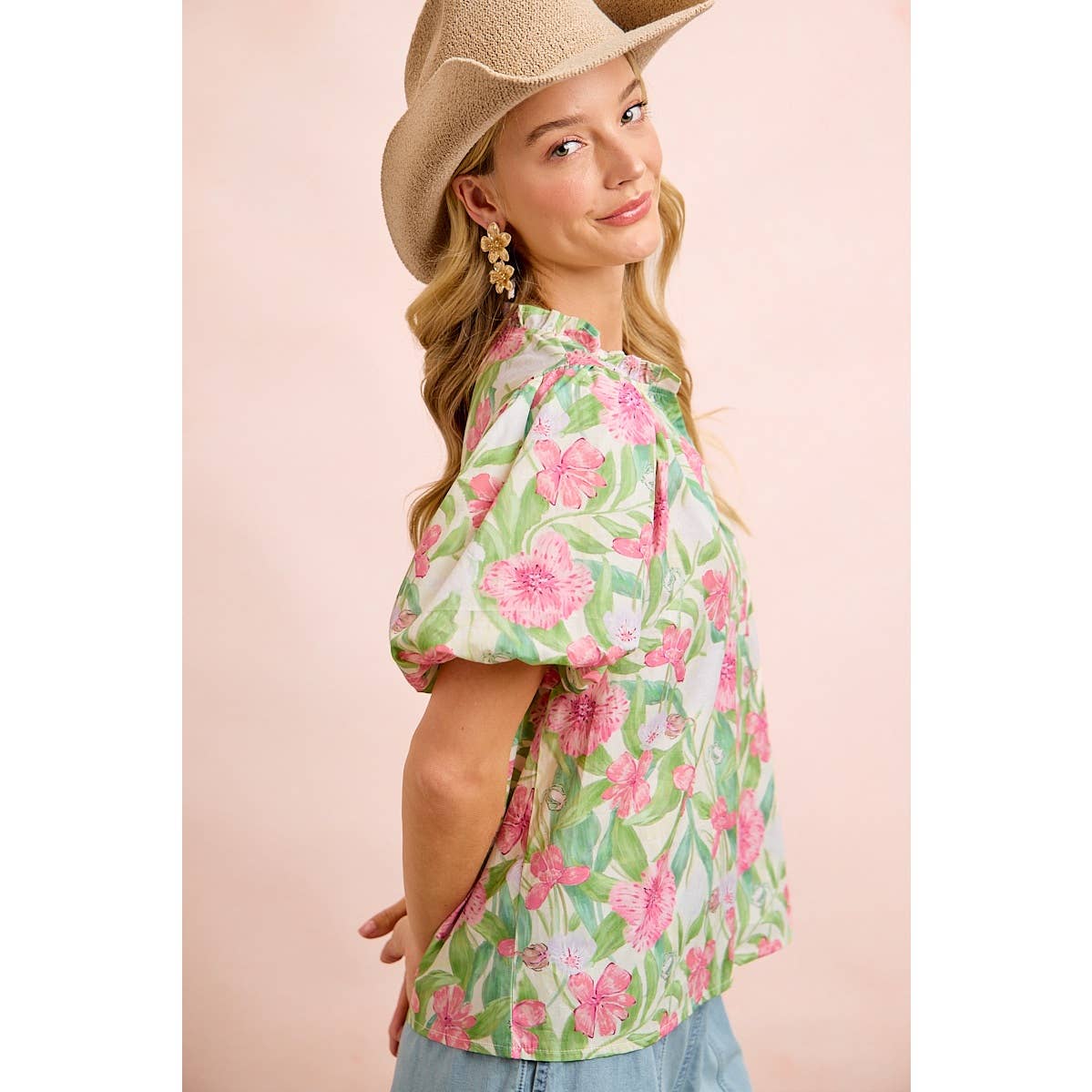 FLOWER PRINTED WOVEN RUFFLED V NECK TOP