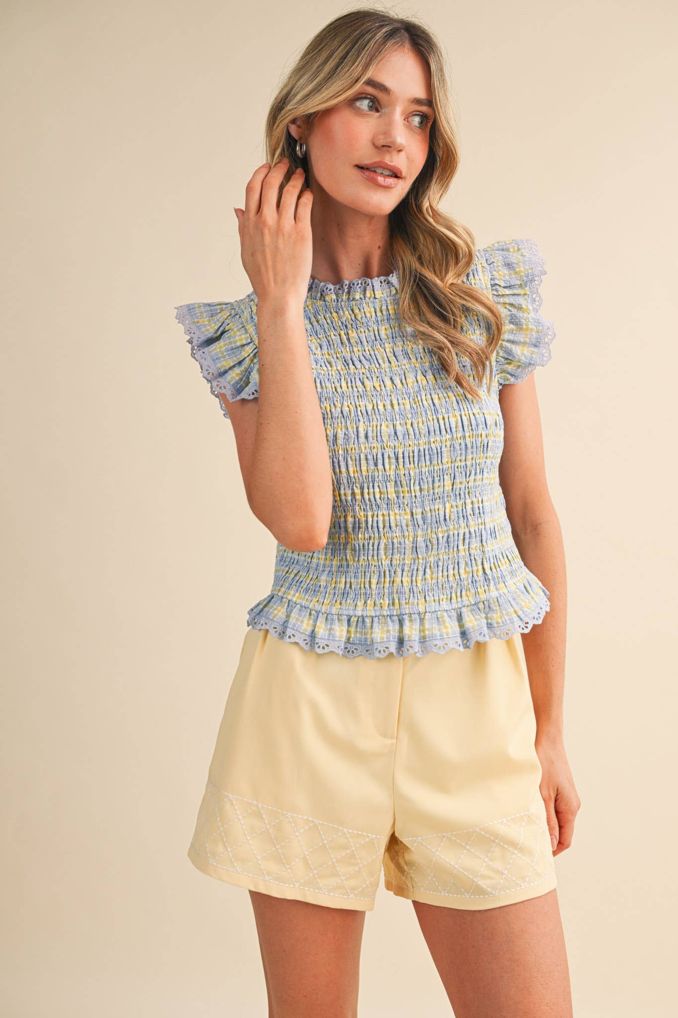 PLAID SMOCKED LACE TRIM TOP