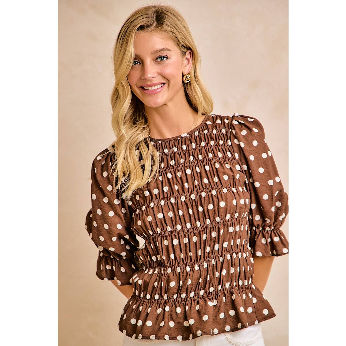 POLKA DOT PRINTED WOVEN SHIRRED BODY TOP