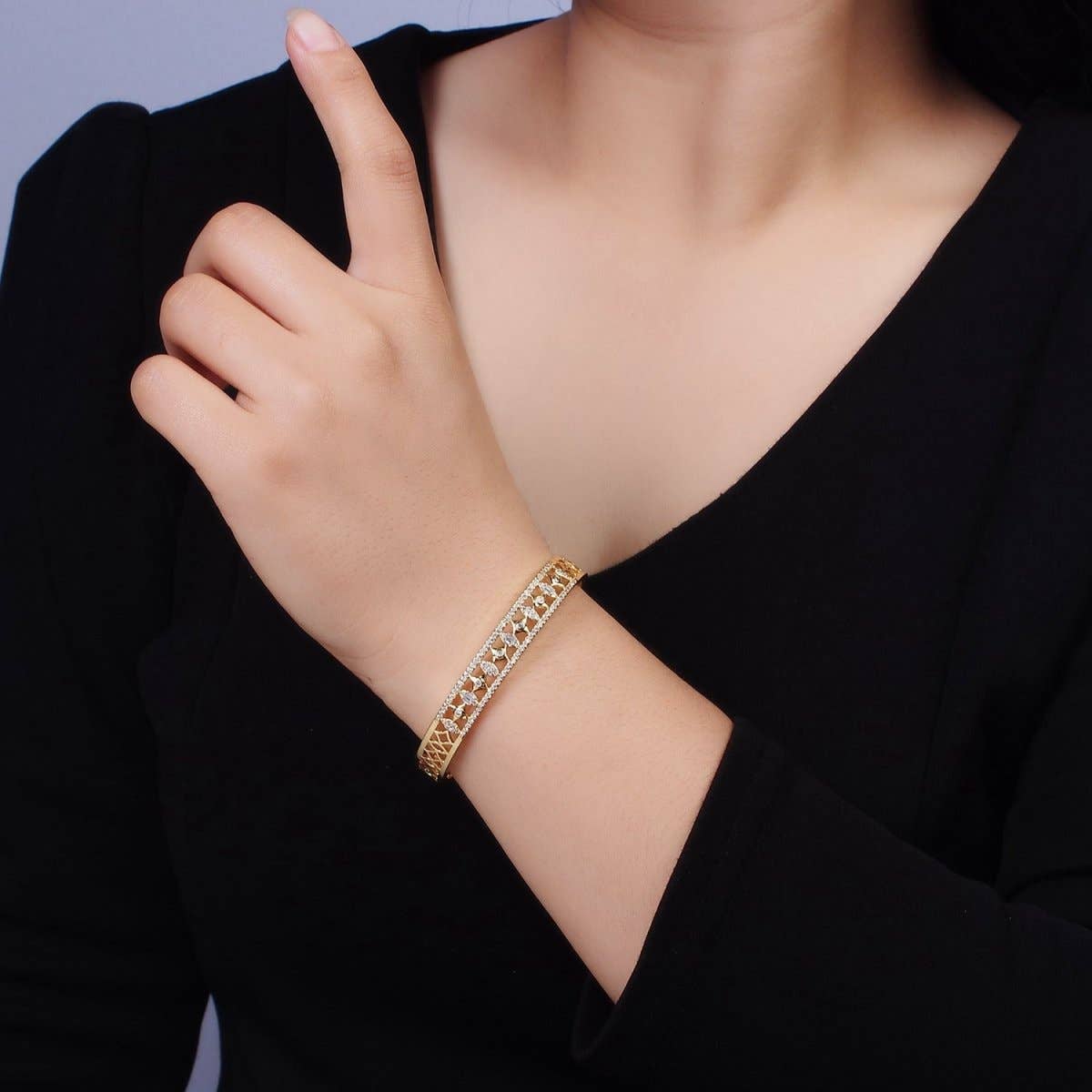 14K Gold Filled Spade Marquise Lined Micro Paved CZ Open Cuff Bangle Bracelet in Gold & Silver | WA-1931 WA-1932 Clearance Pricing
