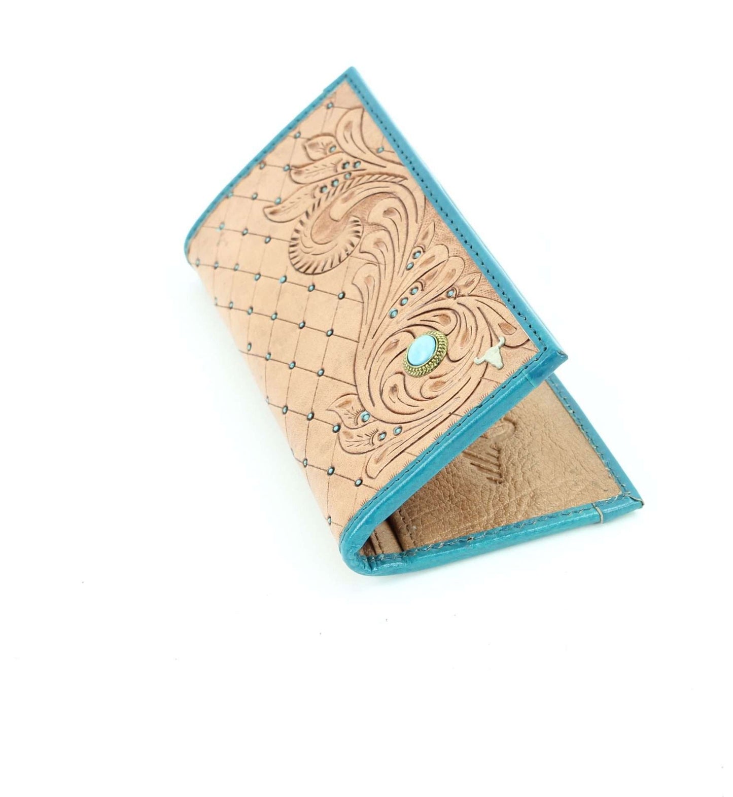 Tan tooled leather wallet with turquoise stone #AB W 07 TAN