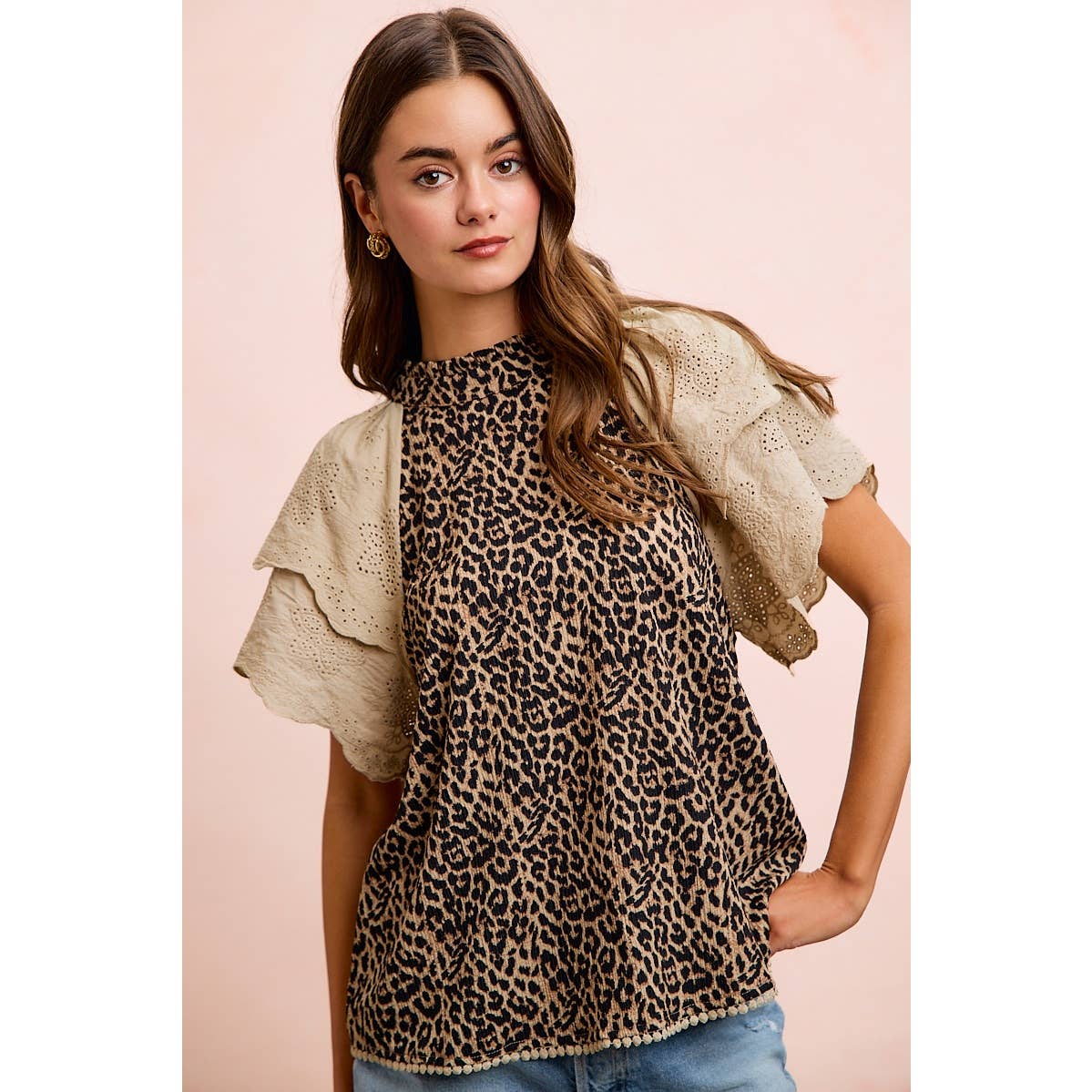 TEXTURED LEOPARD PRINTED LACE SLEEVE BLOUSE TOP