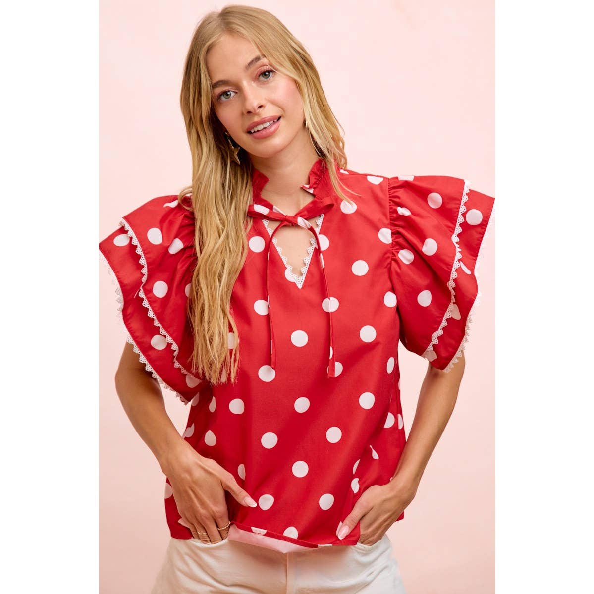 POLKA DOT PRINTED RUFFLE TRIM EDGE BLOUSE TOP