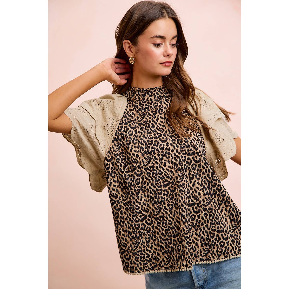 TEXTURED LEOPARD PRINTED LACE SLEEVE BLOUSE TOP