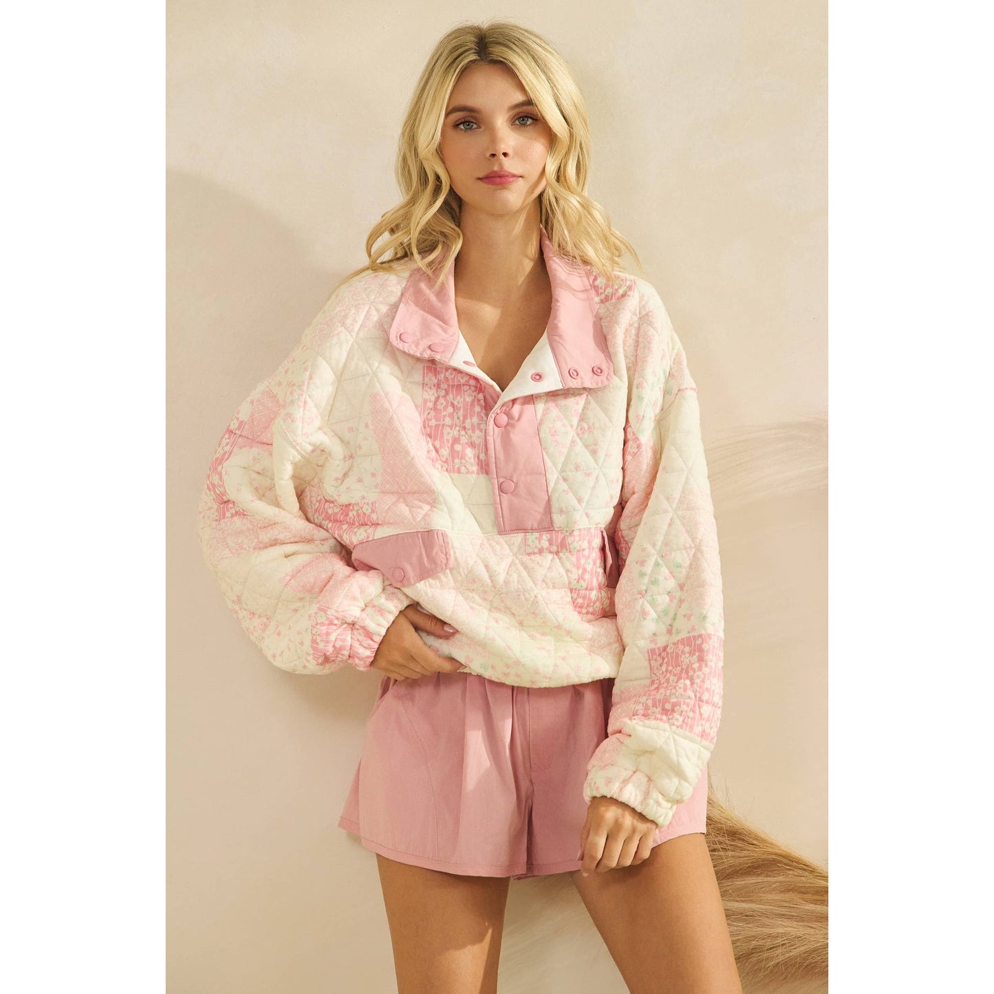 Textured Contrast printed Quarterzip Sweater