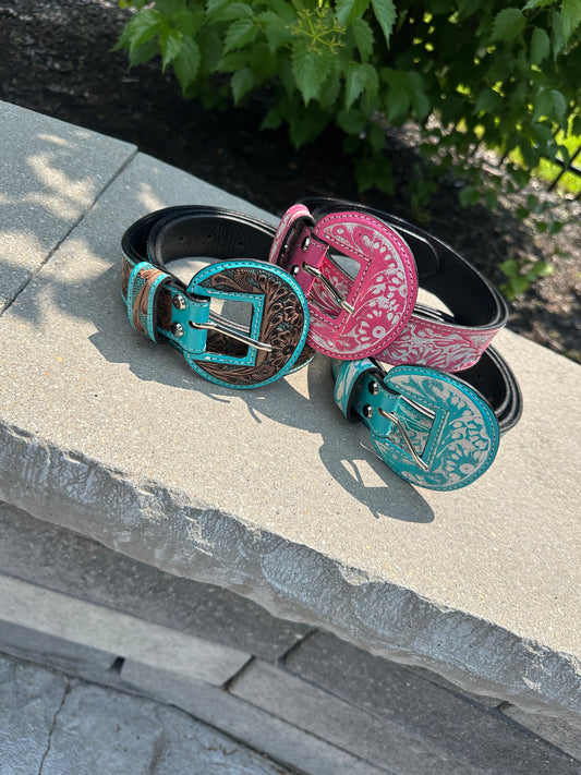 Hand Tooled Genuine Leather Wide Rounded Buckles Belt *3colors