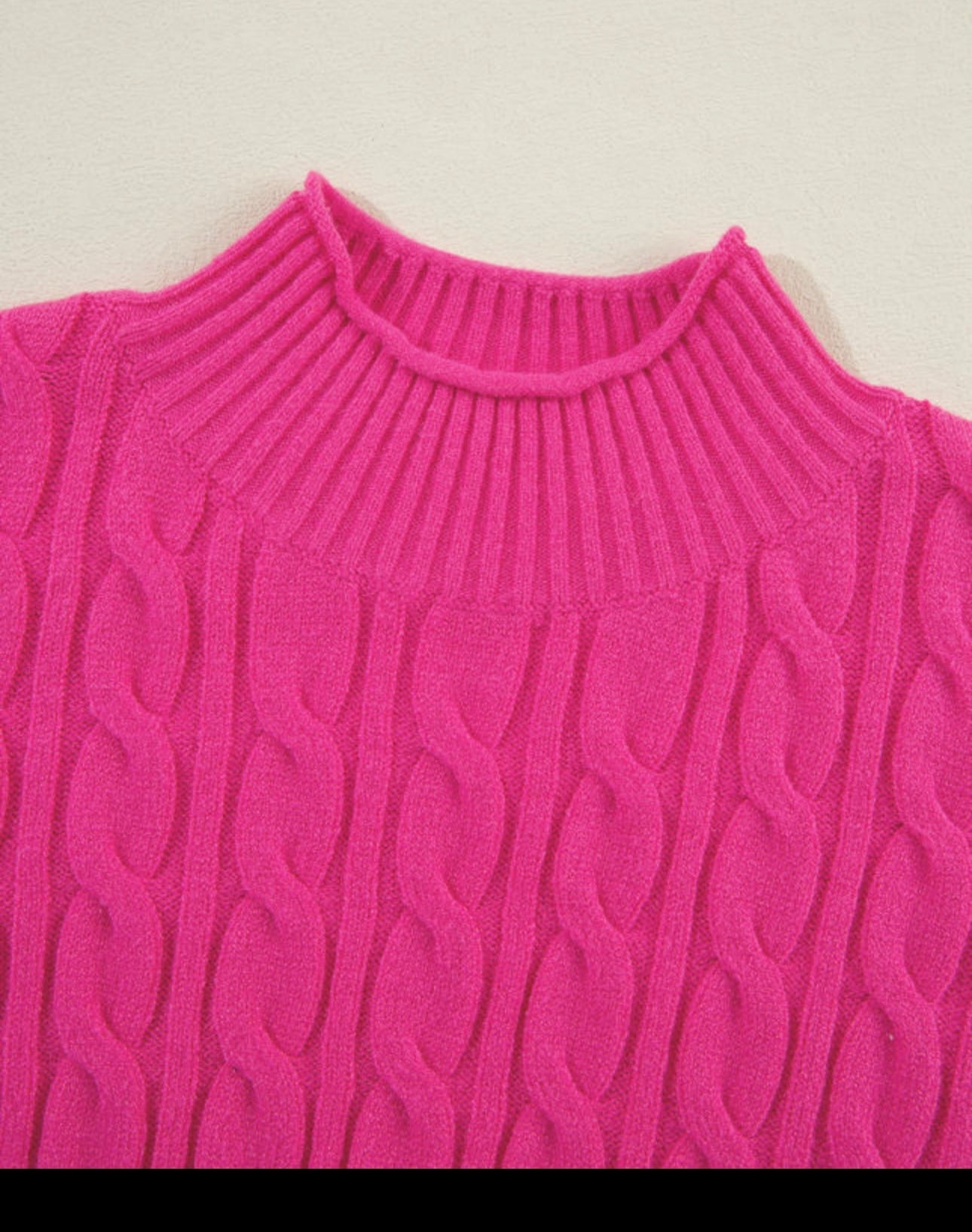 Pink solid cable knit high neck sweater