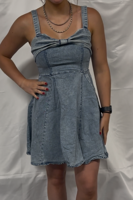 Mineral Washed Bow Ribbon Denim Flare Dress