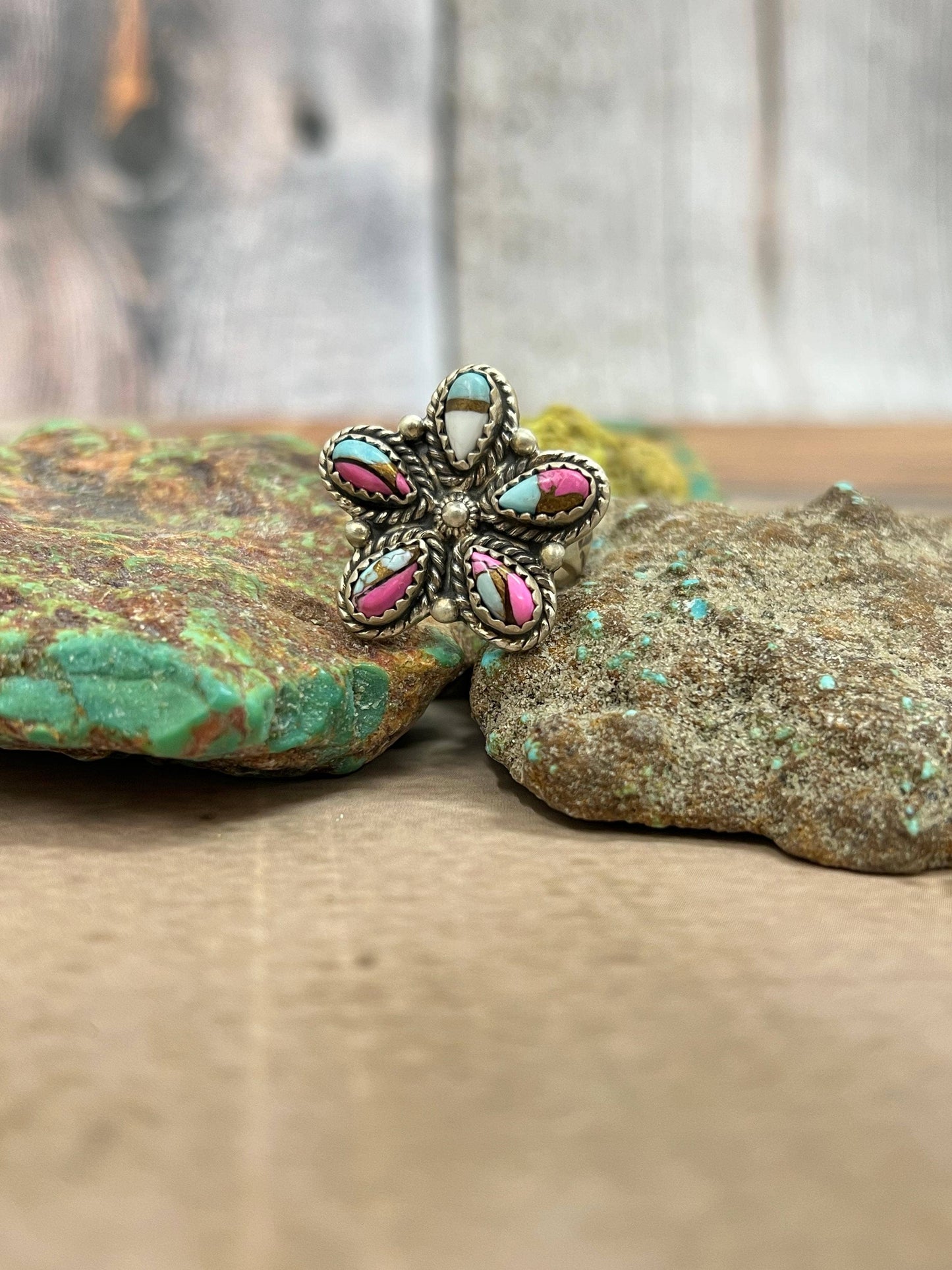 Handmade Sterling Silver Cotton Candy Turquoise Adjustable Ring with Signed Nizhoni