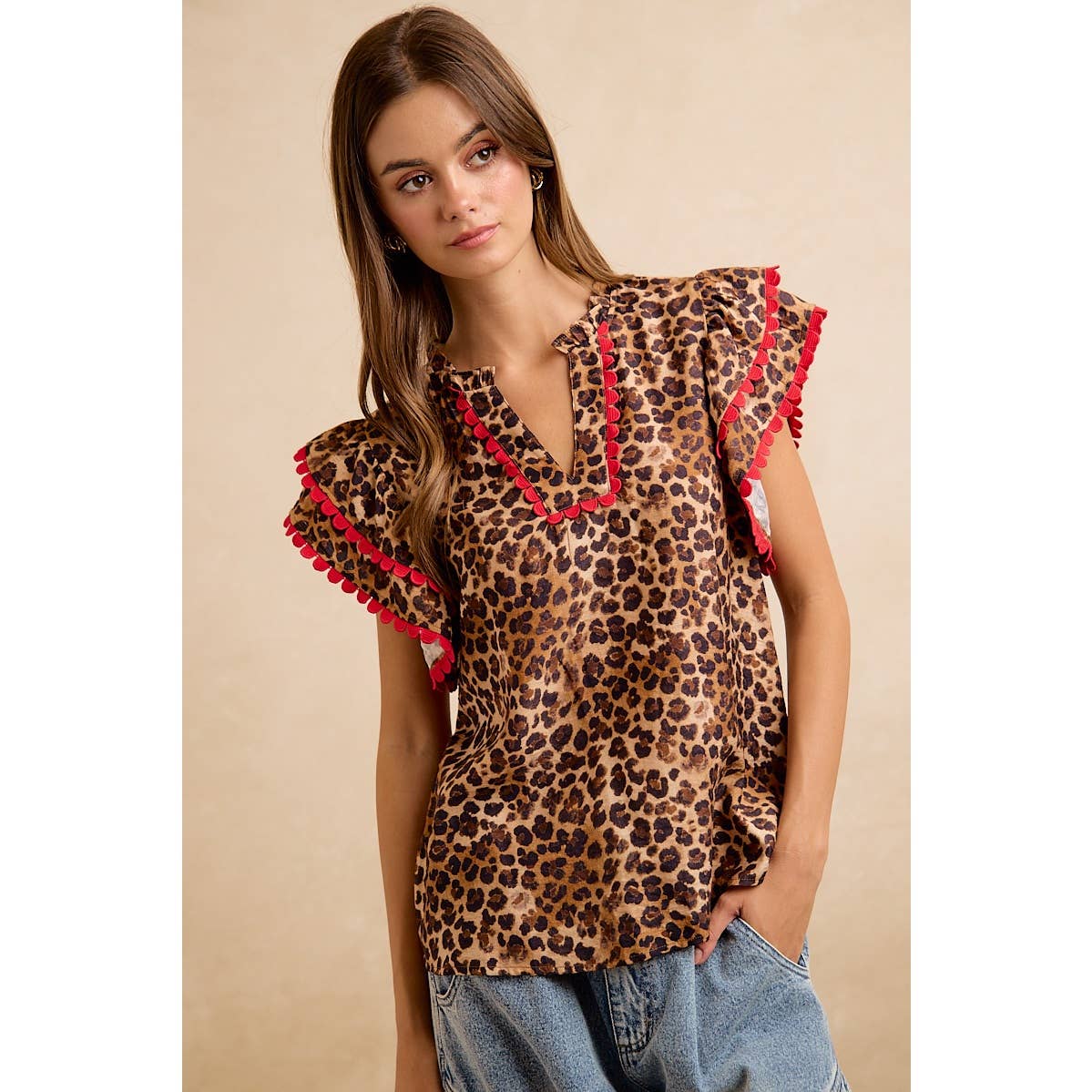 LEOPARD PRINTED WOVEN RIC RAC TRIM V NECK TOP