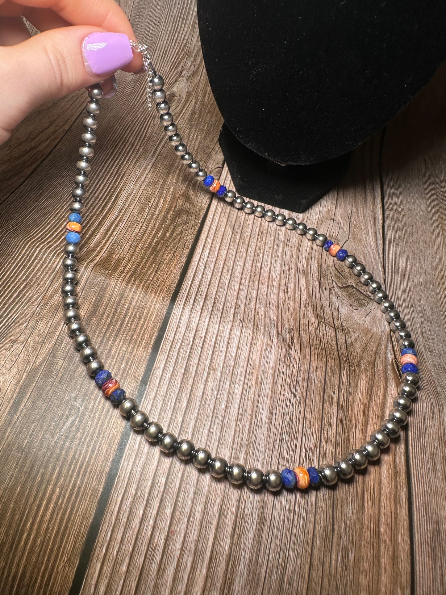 18 inch 6 mm Sterling Silver Pearls necklace lapis and spiny