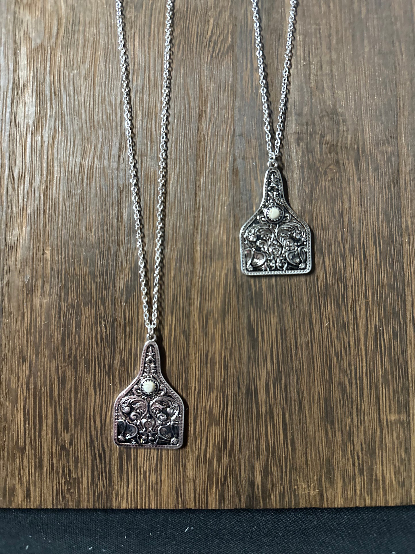 Patterned casting ear tag pendant  necklace