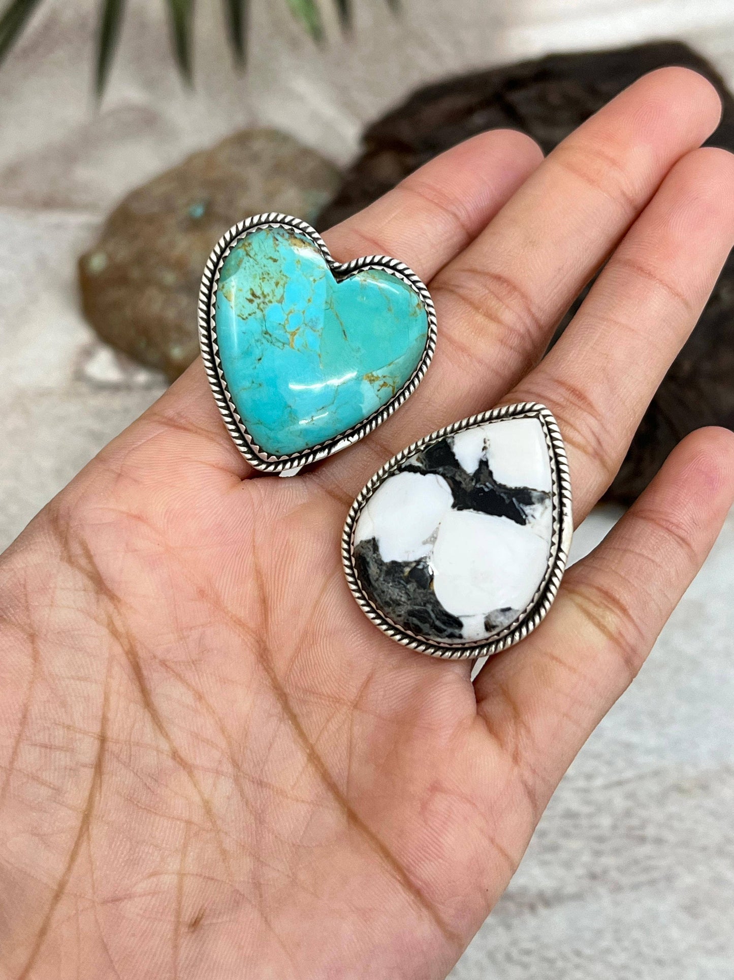 Handmade Sterling Silver White Buffalo, Kingman Turquoise Adjustable Ring, Signed Nizhoni (1)