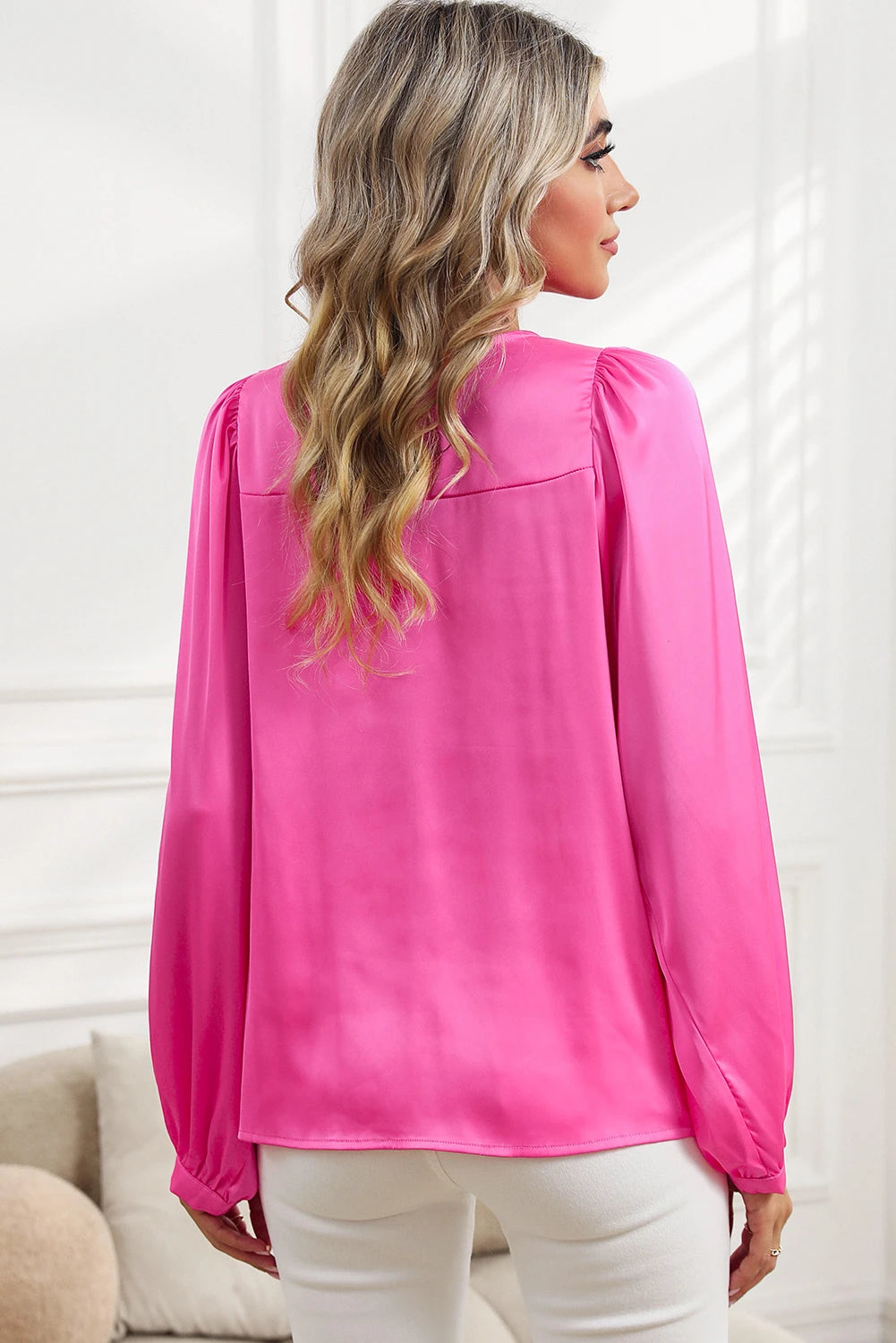 Pink Plain Satin Puff Long Sleeve Crewneck Blouse