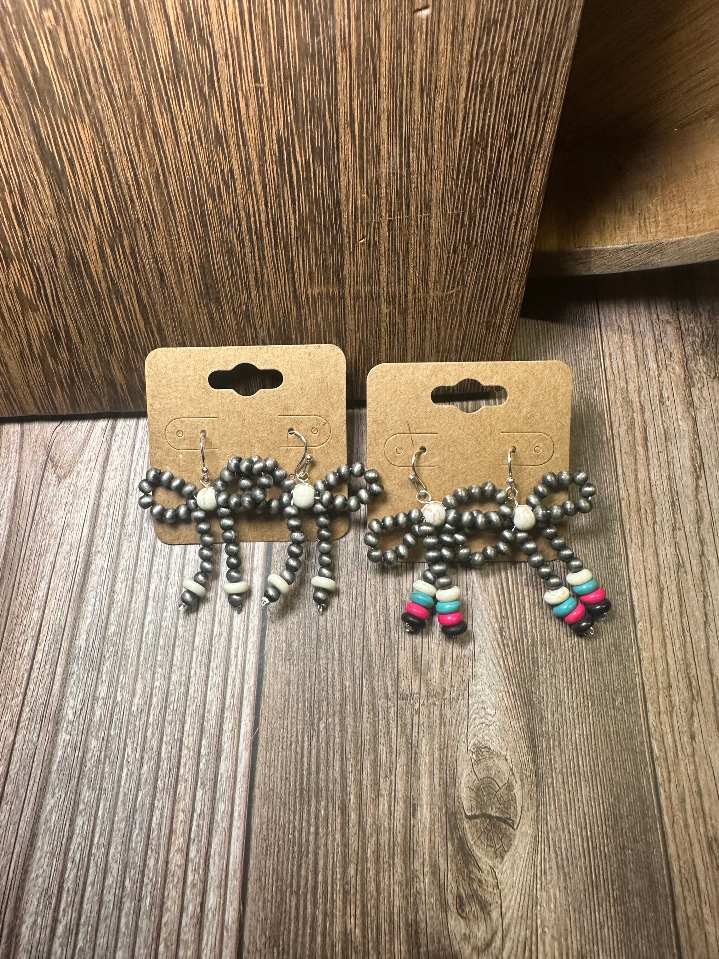 Navajo Style Pearl & Bead Bow Dangle Earrings