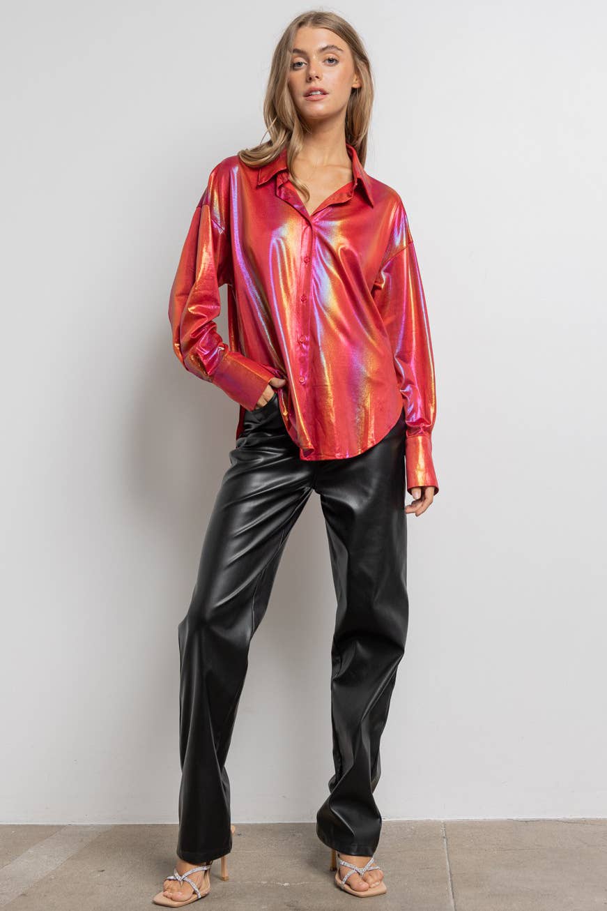 Rainbow Button Up Long Sleeve Blouse Shirt