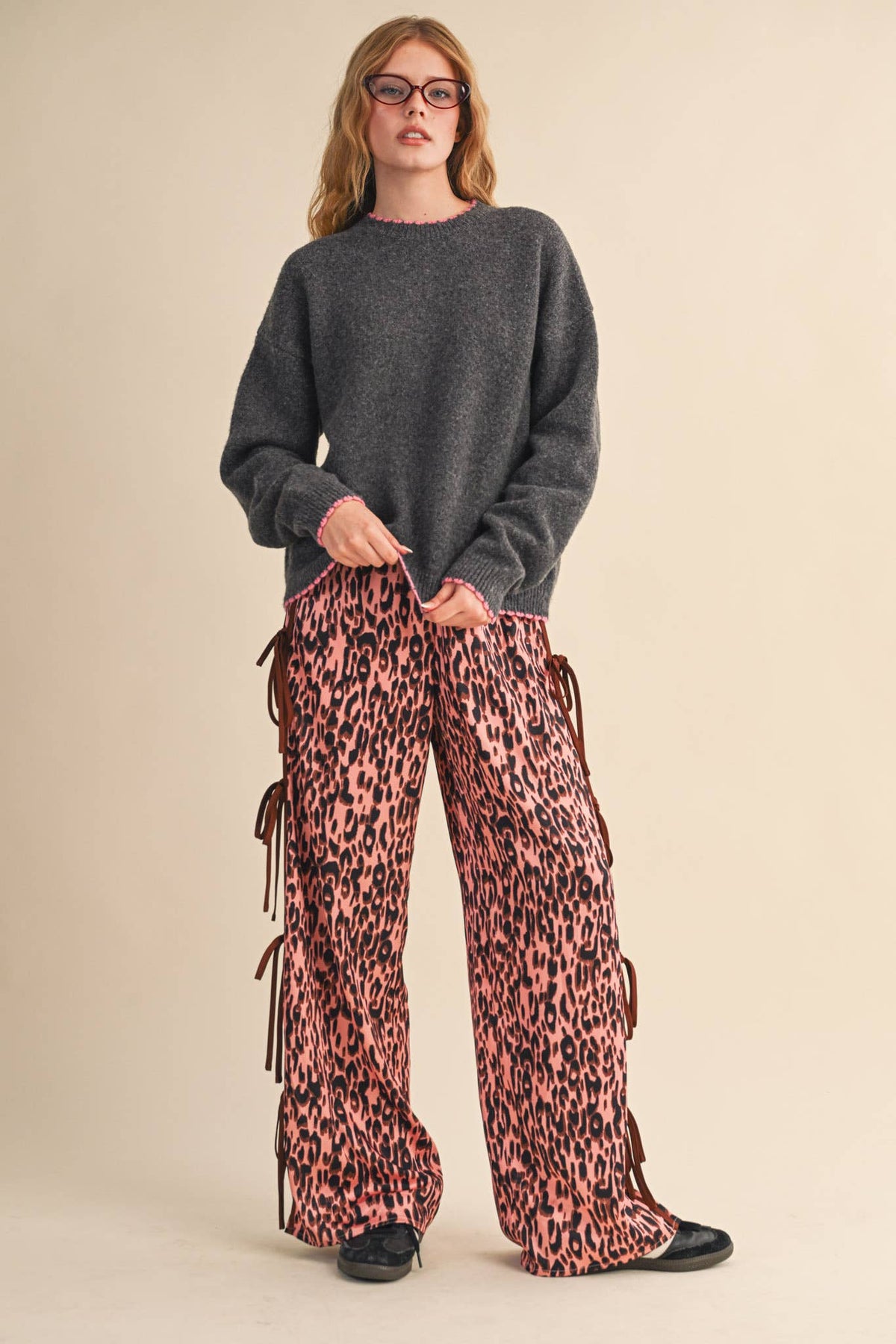 LEOPARD PRINT SIDE TYING WIDE LEG PANTS