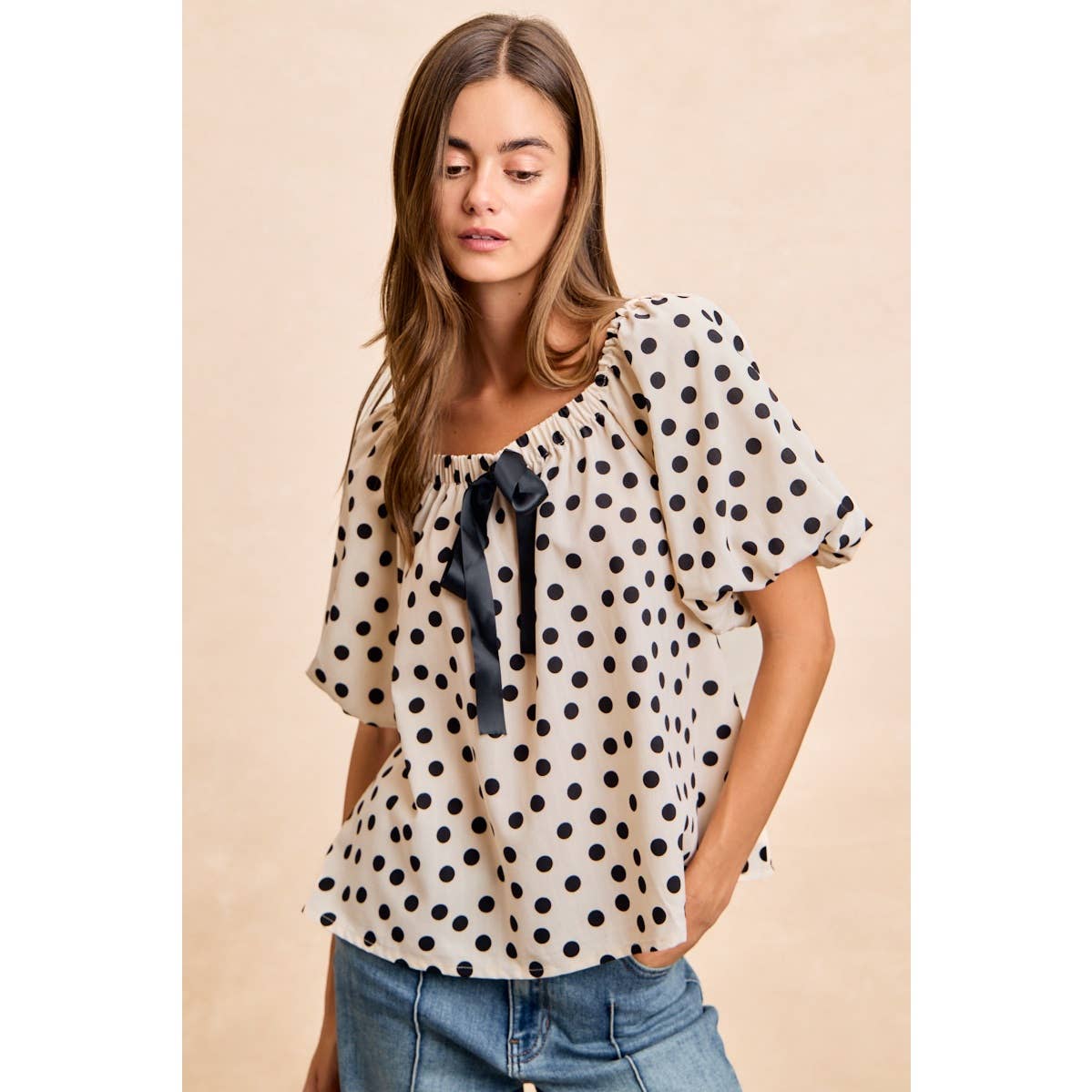 POLKA DOT BOW ELASTIC OPENING PUFF SLEEVES TOP