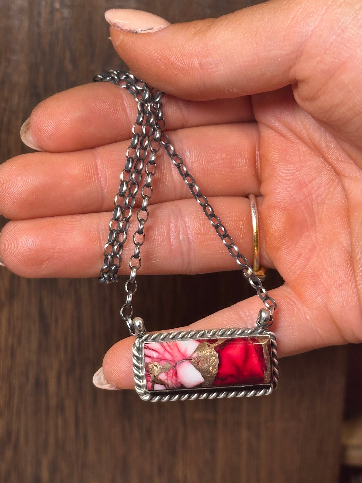 Navajo Rose Dahlia & Sterling Silver Bar Necklace