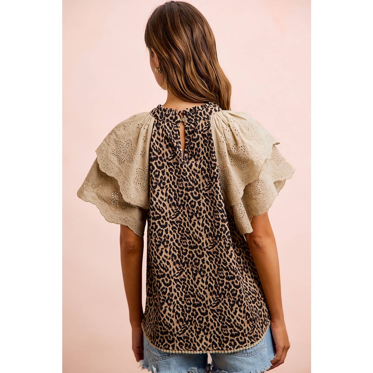 TEXTURED LEOPARD PRINTED LACE SLEEVE BLOUSE TOP