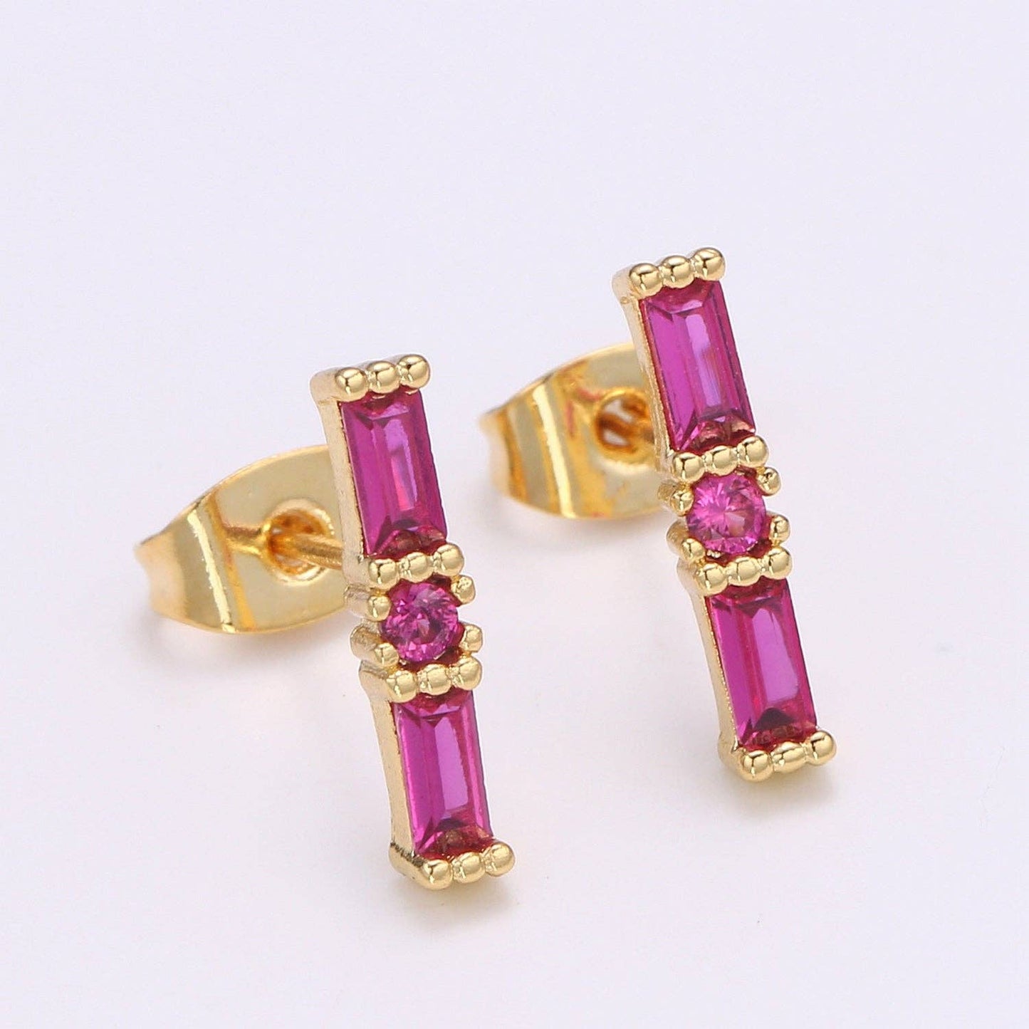 24K Gold Filled Blue / Fuchsia Baguette CZ Stud Earrings | Q498 Q499