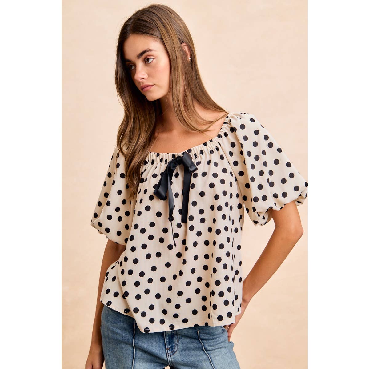 POLKA DOT BOW ELASTIC OPENING PUFF SLEEVES TOP