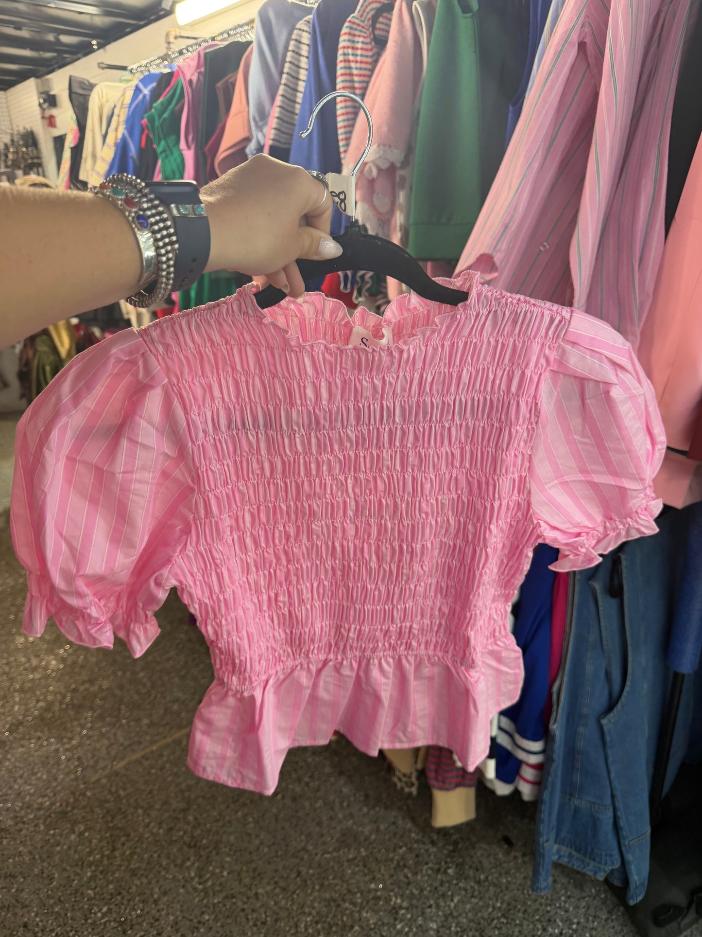 Stripe smocked puff sleeve blouse