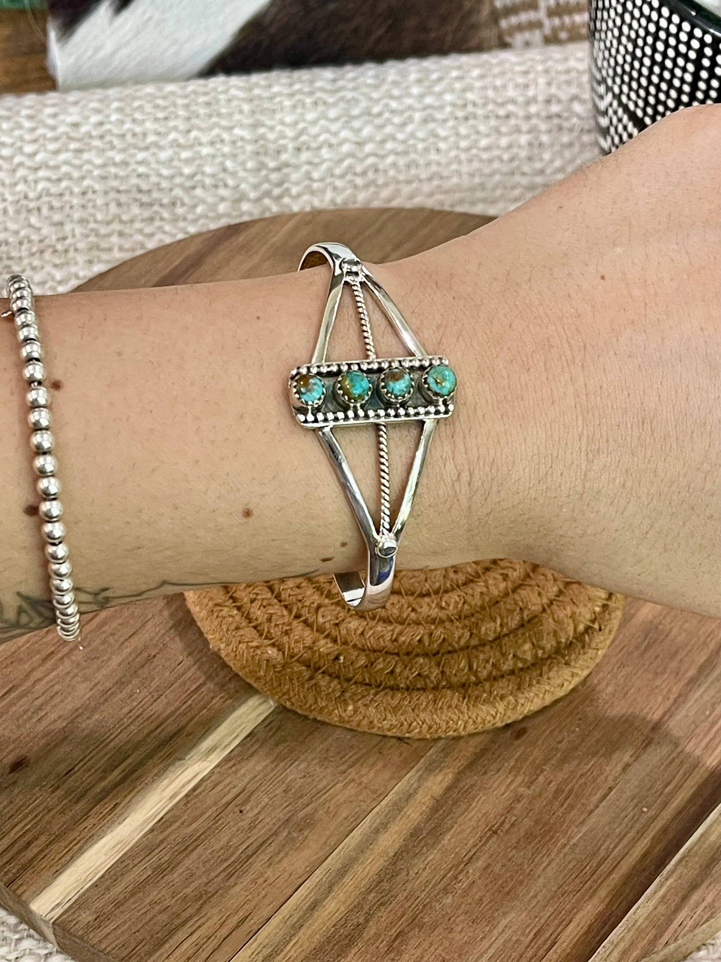 Beautiful Handmade Kingman Turquoise & Sterling Silver 4 Stone Cuff