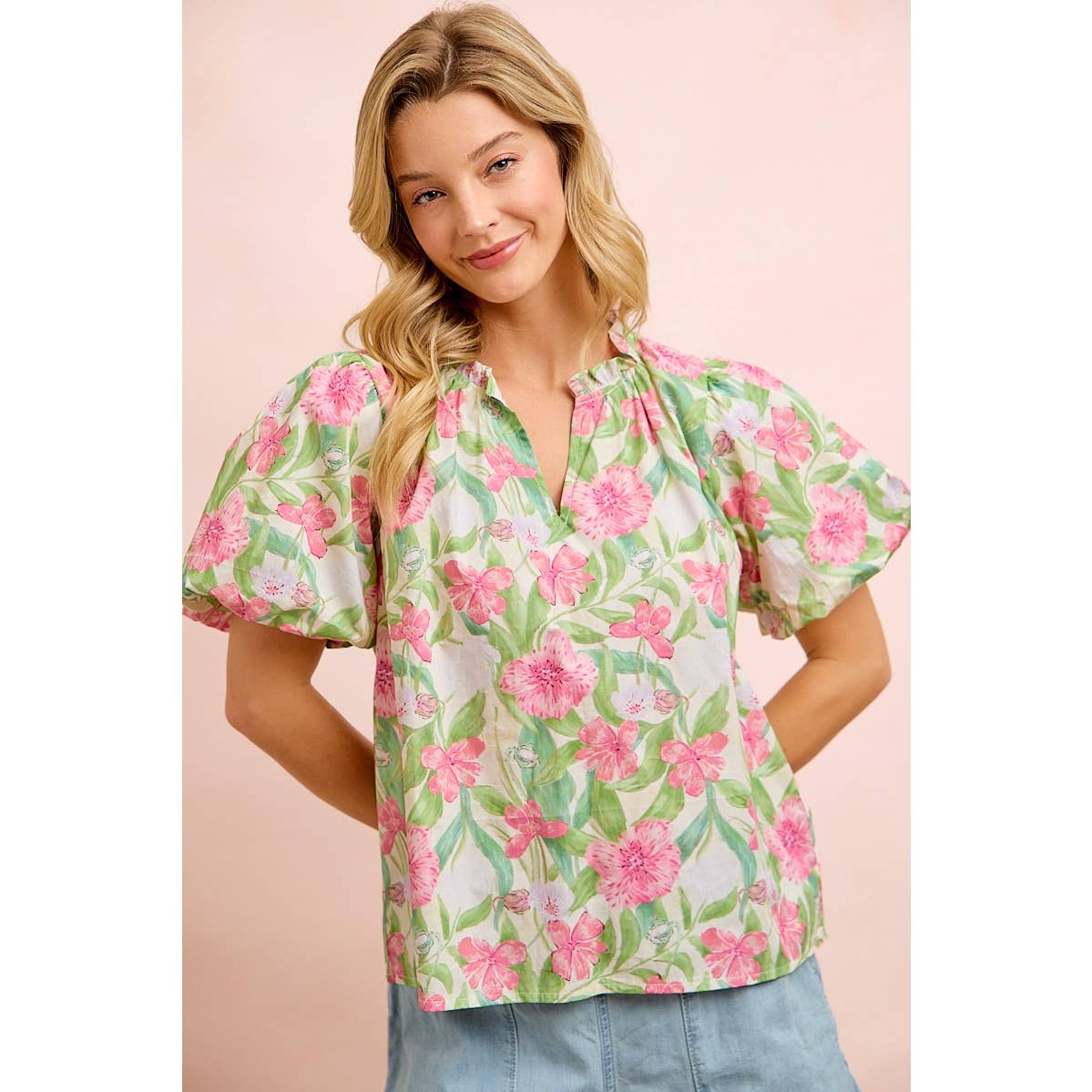 FLOWER PRINTED WOVEN RUFFLED V NECK TOP