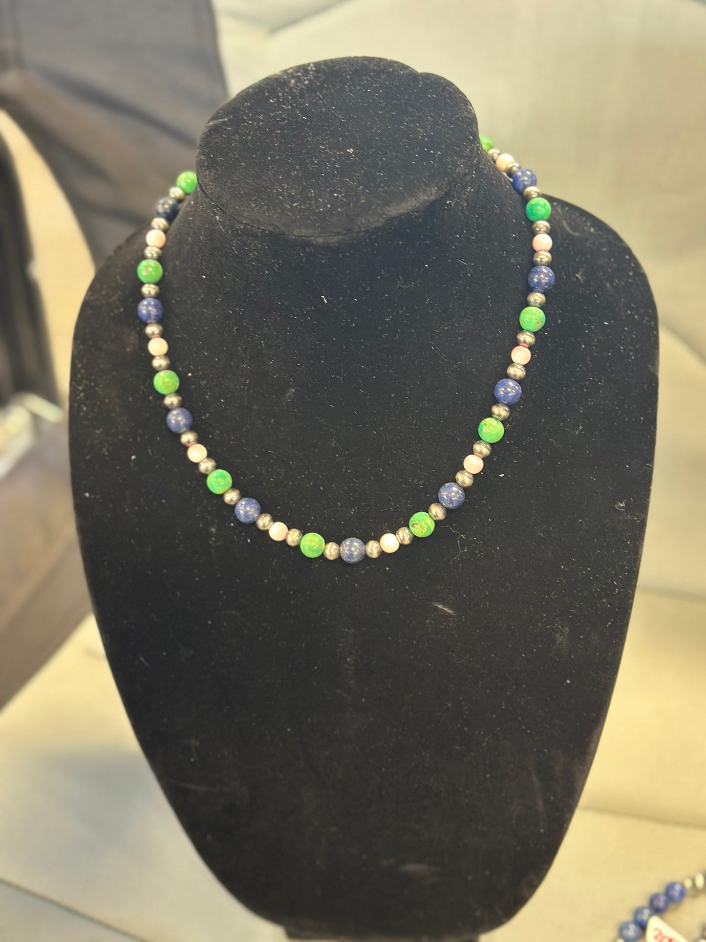 Lapis + pink conch + green turquoise necklace