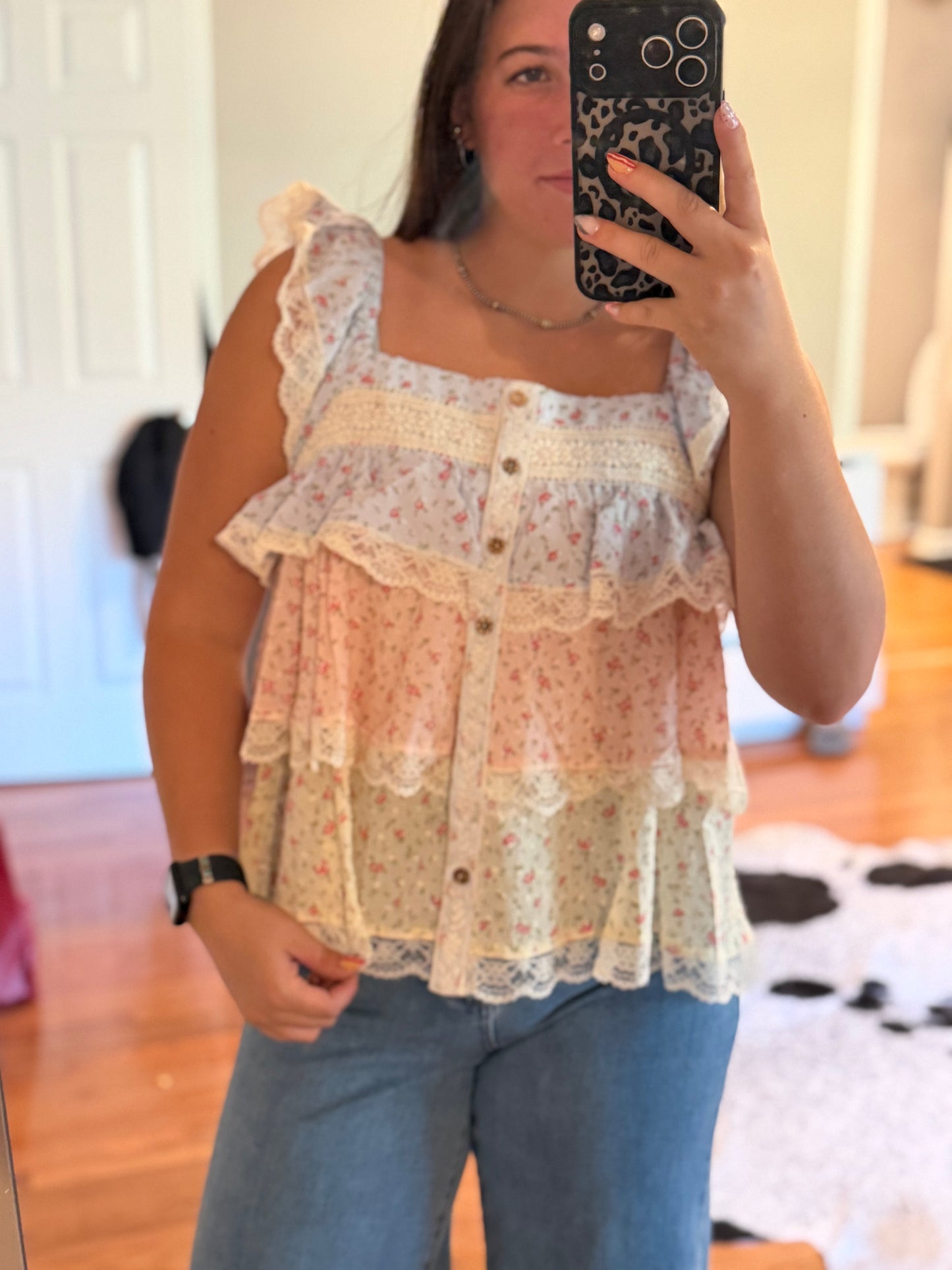 FLORAL COLOR BLOCK LACE TRIMMED RUFFLED TOP