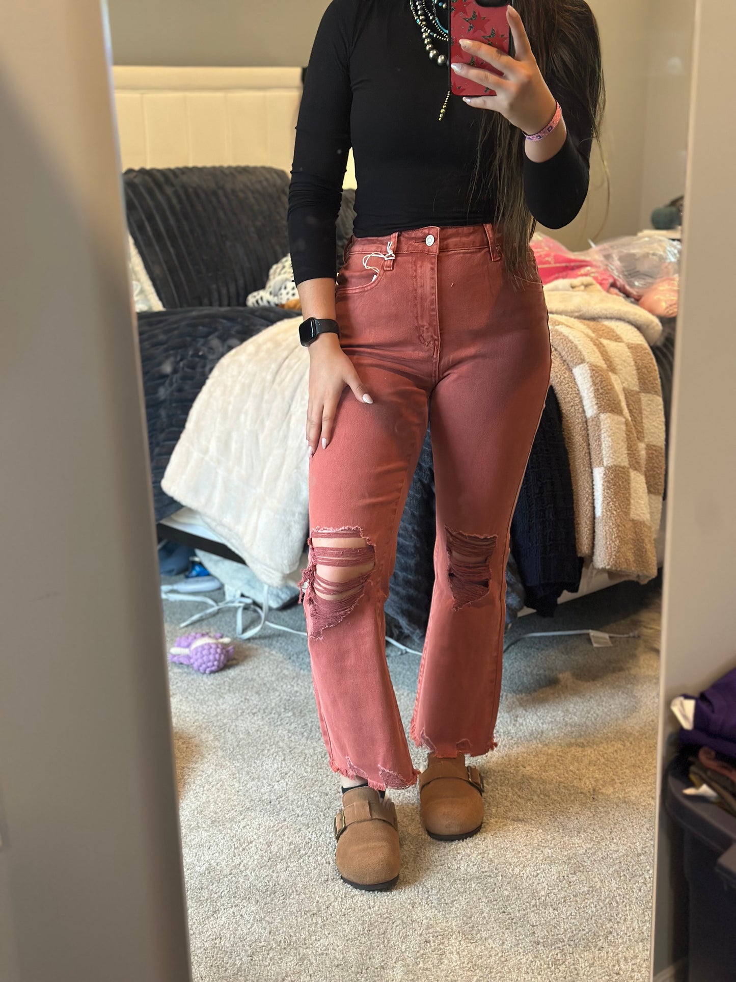 Acid washed high waist distressed straight pants