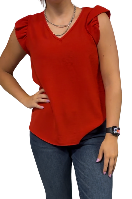 Solid Top With V Neck Detail And Ruffled Sleeves