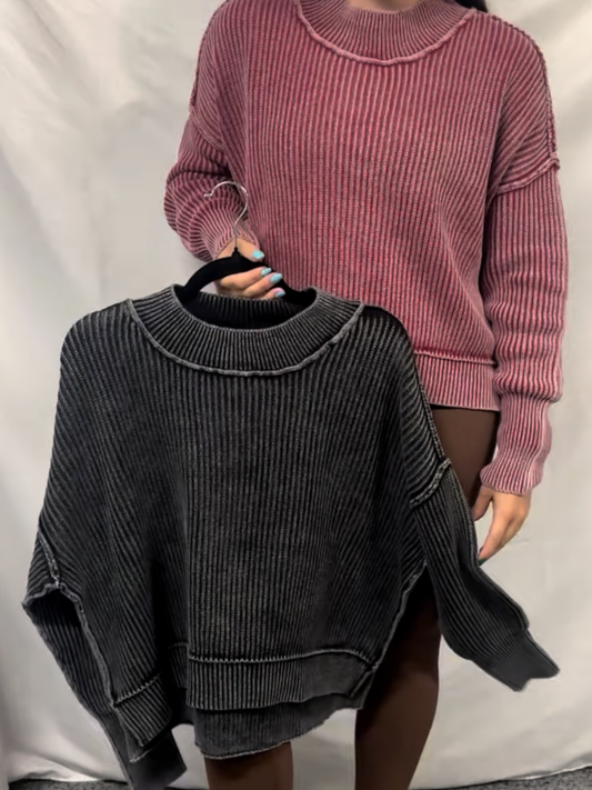 Washed side slit oversized cropped sweater