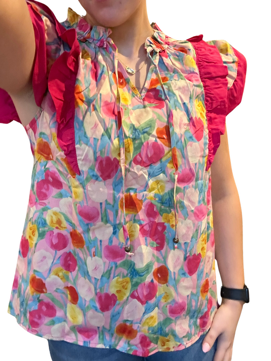 Pink Floral Layered Ruffle Flutter Sleeve Tie V Neck Blouse