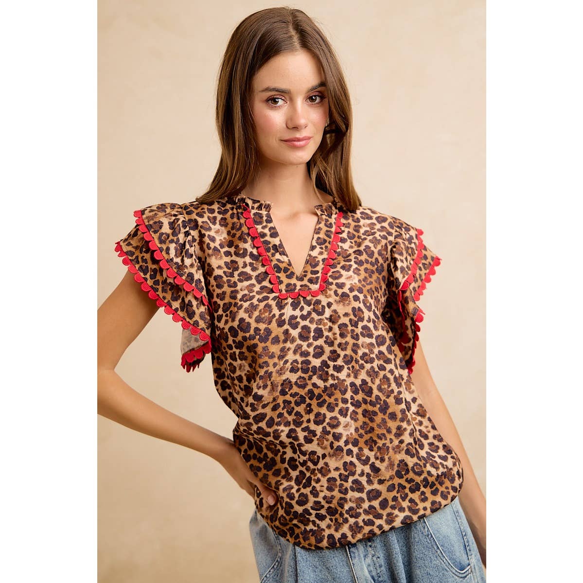 LEOPARD PRINTED WOVEN RIC RAC TRIM V NECK TOP