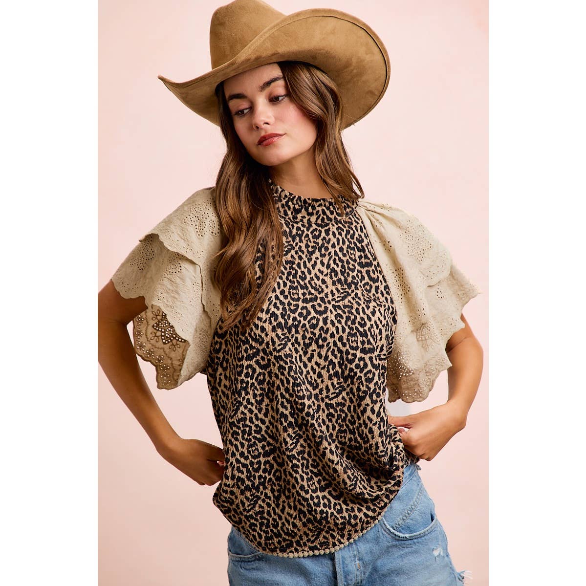 TEXTURED LEOPARD PRINTED LACE SLEEVE BLOUSE TOP