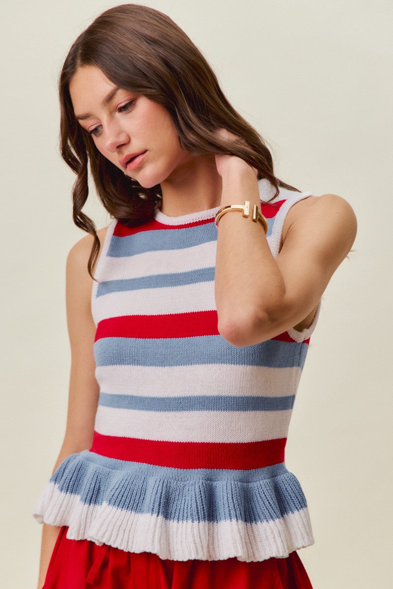4th Of July Stripe Ruffle Bottom Sweater Knit Top