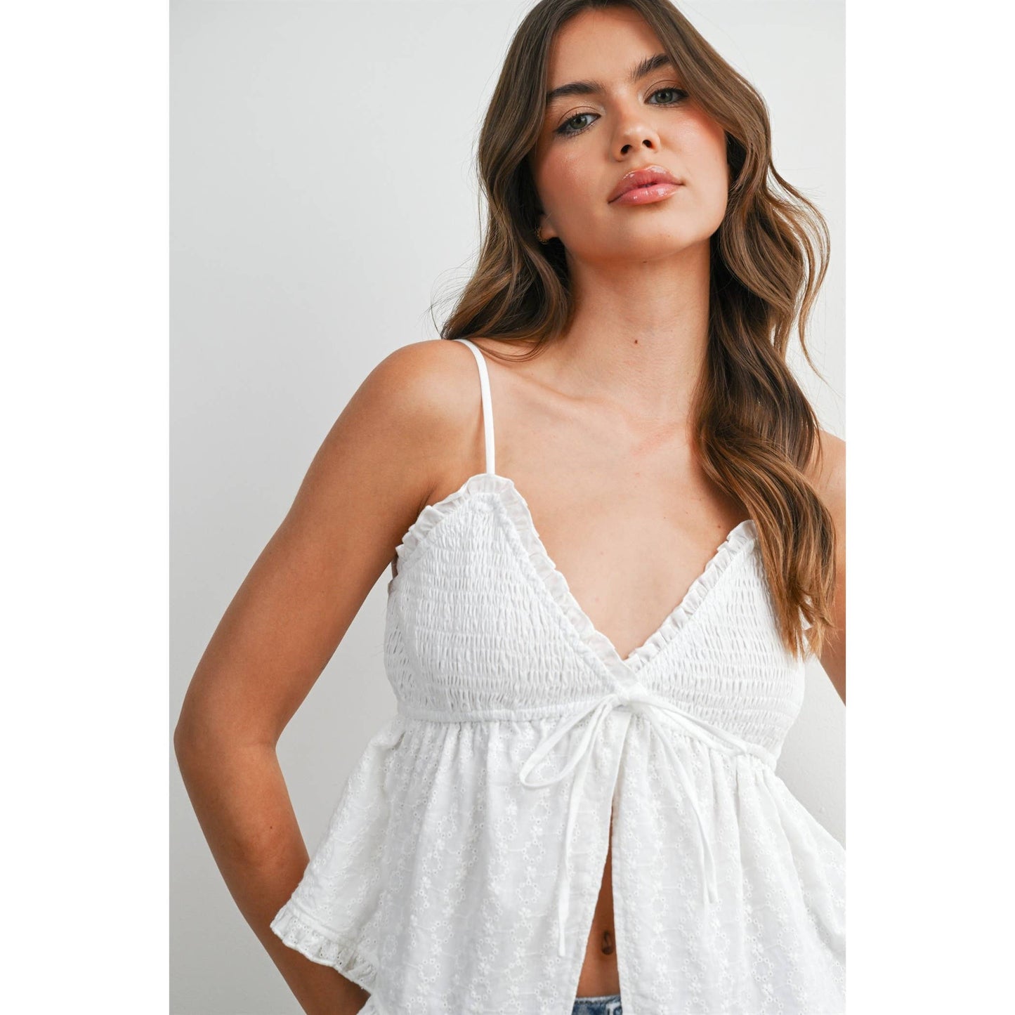 Eyelet Smocked Tie-Front Cami - BMT8406