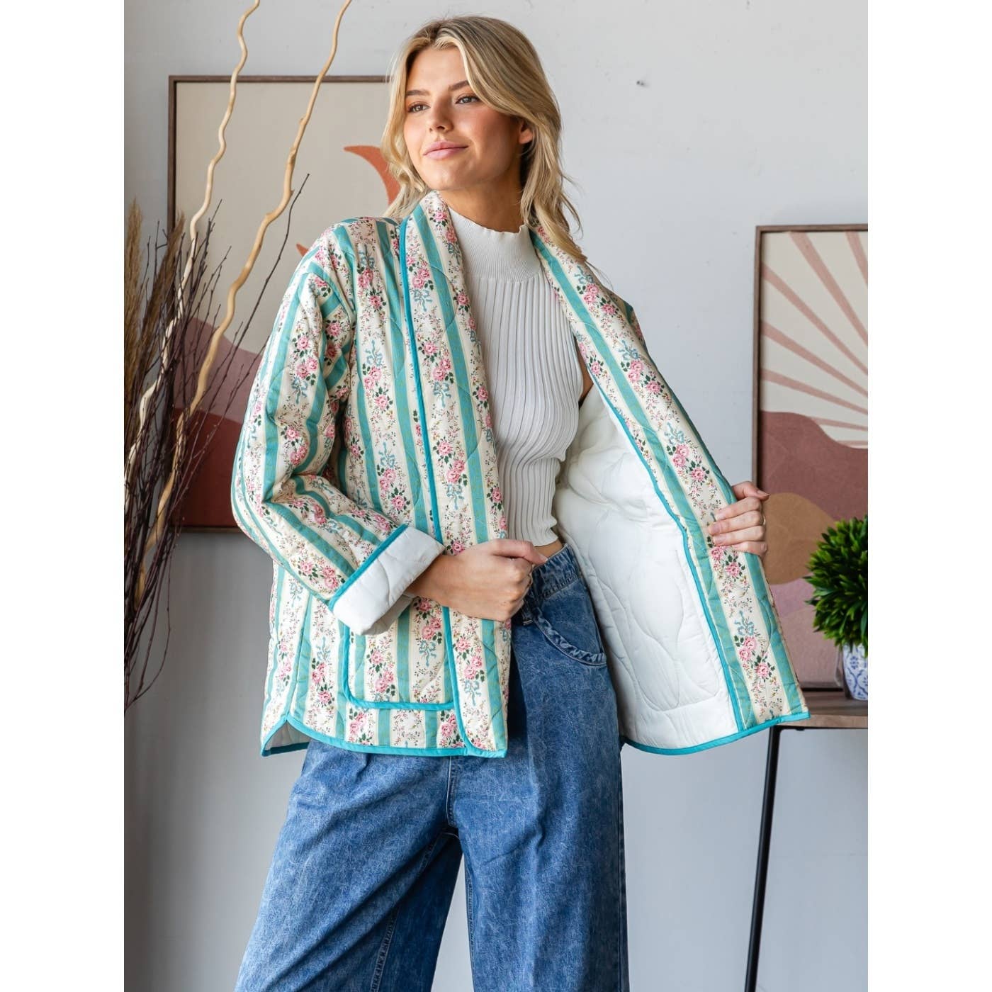 Quilted Stripe Flower Open Jacket